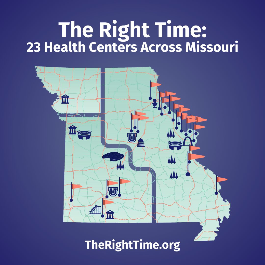 Outline of the Missouri state with a map that shows all the health center locations throughout the state using red flags