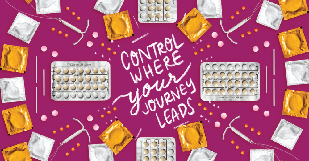 illustration of birth control method objects with the words Control Where Your Journey Leads