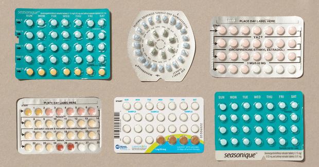 bird's eye view of six monthly packs of oral contraceptives