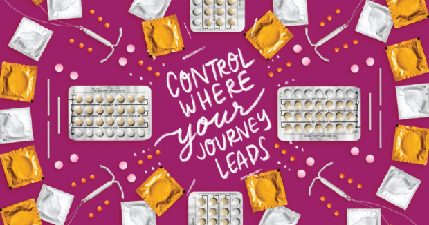 illustration of birth control method objects with the words Control Where Your Journey Leads