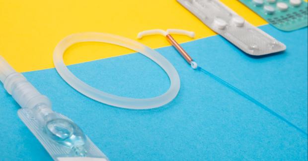 various methods of birth control displayed on a yellow and blue background