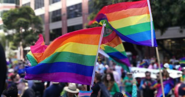 lgbtq flags being waved in a city's pride parade